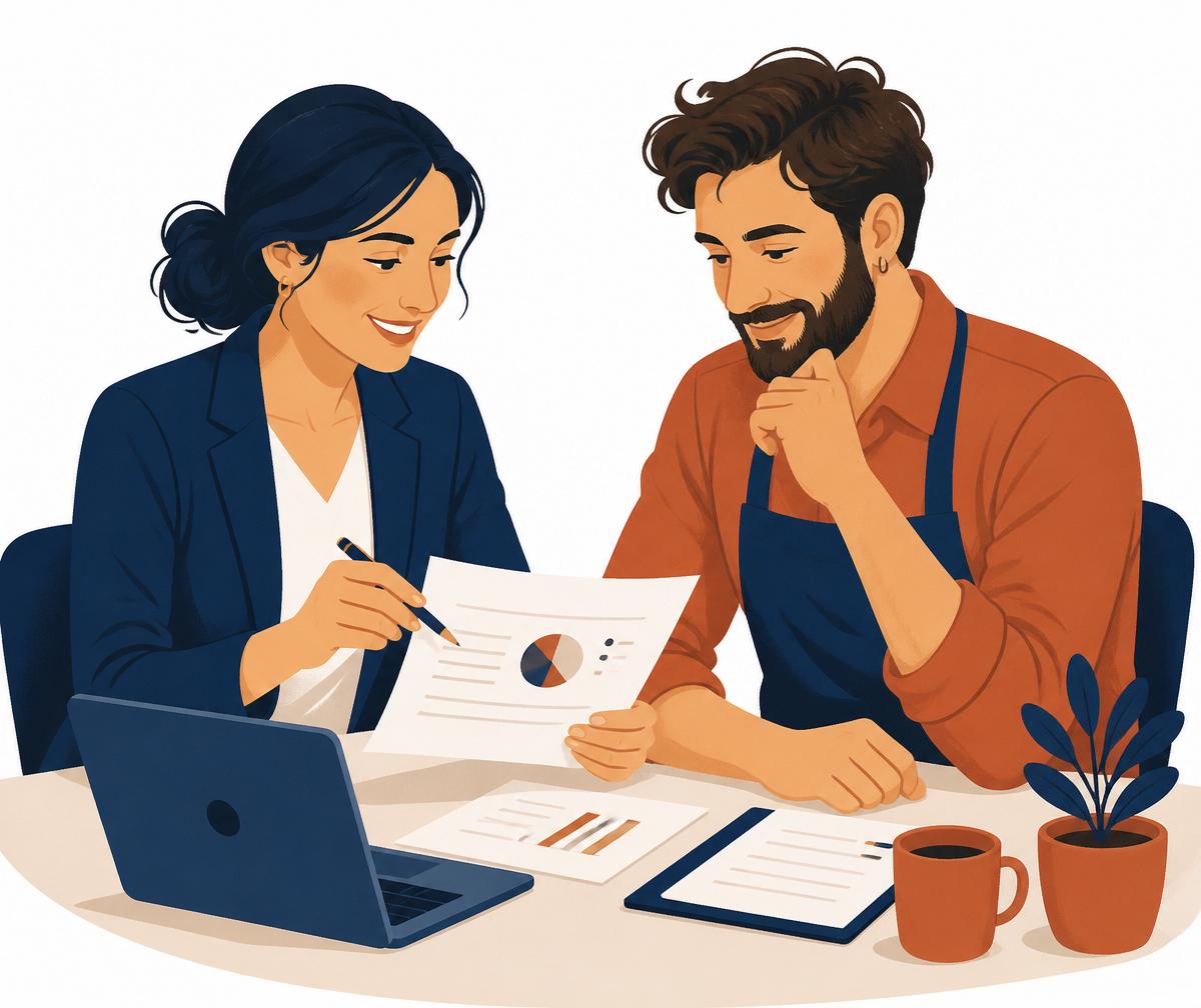 Asesora fiscal atendiendo a un cliente autónomo